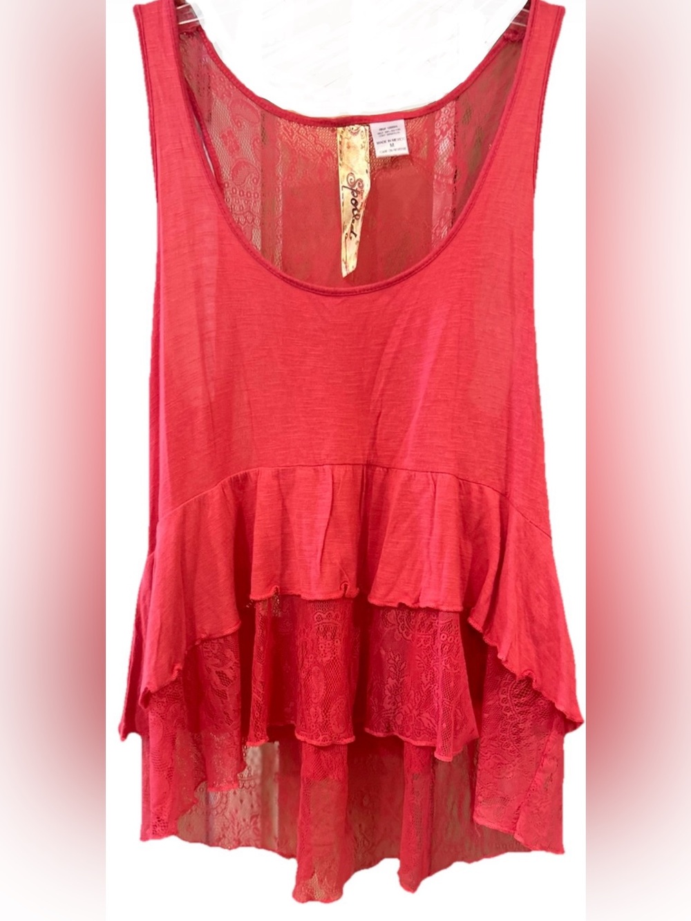 Live To Be Spoiled Coral Ruffle Hem Tank Top Boho Sleeveless M